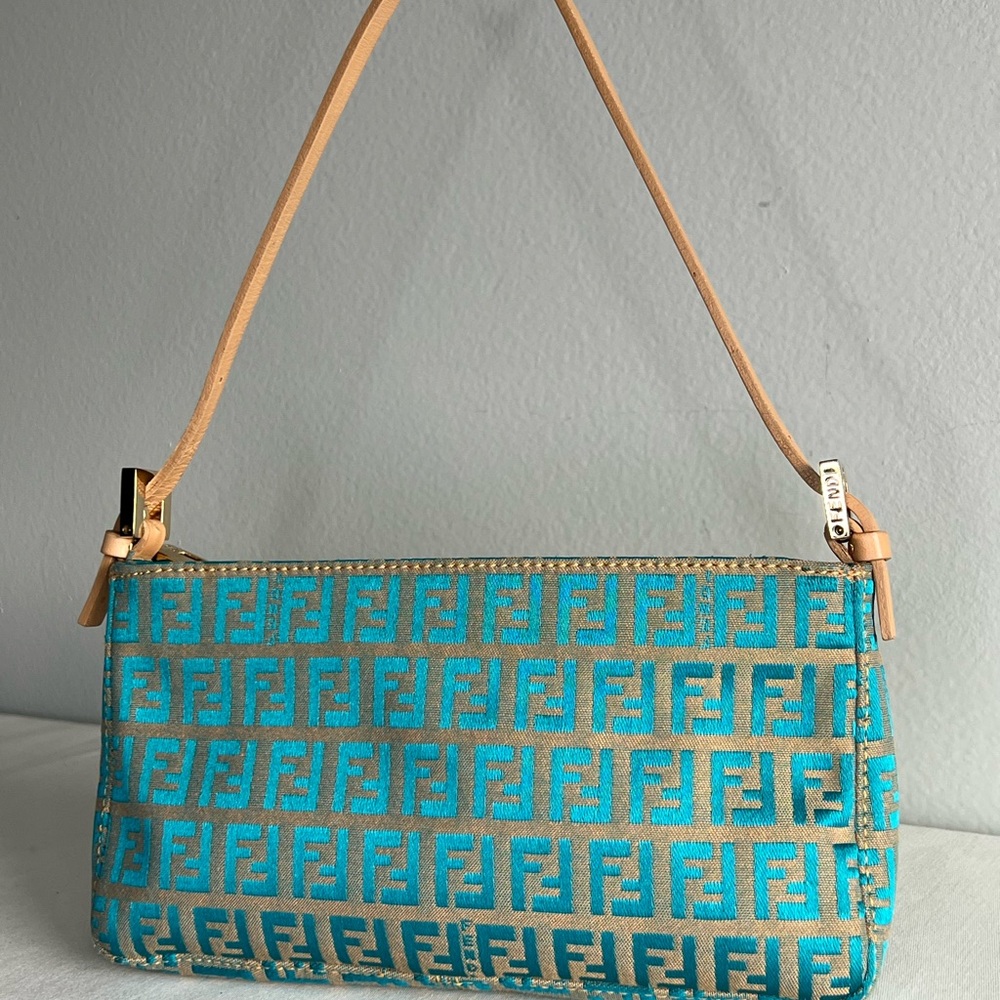 Fendi Zucchino FF Pochette Blue and Tan Bag
